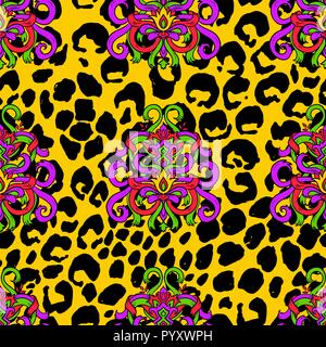 Pennello tigre dipinta seamless pattern. Giallo macchie di Leopard e doodle ribbon sfondo. Illustrazione Vettoriale