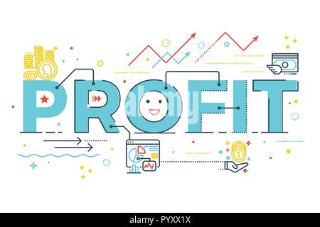 Parola di profitto lettering design illustrazione con la linea di icone e ornamenti in tema blu Illustrazione Vettoriale