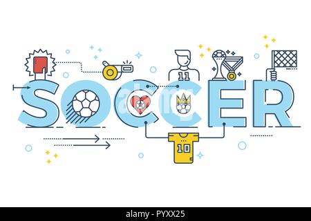 Soccer parola lettering design tipografia illustrazione con la linea di icone e ornamenti per banner Illustrazione Vettoriale