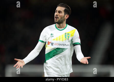 Norwich City's Mario Vrancic durante la Carabao Cup, quarto round match al Vitality Stadium di Bournemouth. PREMERE ASSOCIAZIONE foto. Data immagine: Martedì 30 ottobre 2018. Vedi PA storia CALCIO Bournemouth. Il credito fotografico dovrebbe essere: Adam Davy/PA Wire. RESTRIZIONI: Nessun utilizzo con audio, video, dati, elenchi di apparecchi, logo di club/campionato o servizi "live" non autorizzati. L'uso in-match online è limitato a 120 immagini, senza emulazione video. Nessun utilizzo nelle scommesse, nei giochi o nelle pubblicazioni di singoli club/campionati/giocatori. Foto Stock