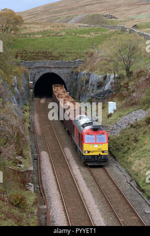 Classe 60 diesel-elettrico loco alaggio rastrello di carri vuoti a stabilirsi a Carlisle linea ferroviaria visto lasciare Blea Moor tunnel su 30 Ottobre 2018. Foto Stock