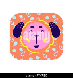 Cartoon carino felice adesivo animale. Cane sorridente in colori luminosi. Illustrazione Vettoriale