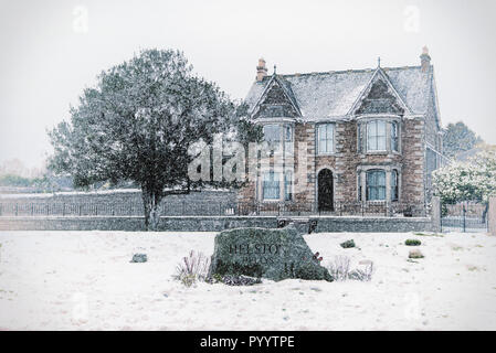 Neve a Helston Cornwal uk,in un campo della Cornovaglia o dei boschi o seascape o città in Cornwall Regno Unito Foto Stock