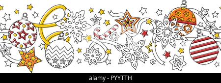 Anno nuovo disegnato a mano festosa di contorno bordo senza soluzione di continuità con i fiocchi di neve, palle di Natale e stelle isolati su sfondo bianco. Illustrazione Vettoriale