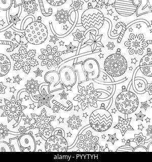 Anno Nuovo 2019 disegnati a mano festosa outline seamless pattern con i fiocchi di neve e palle di Natale, cervi e stelle isolati su sfondo bianco. colorazione libro antistress per adulto. Illustrazione Vettoriale