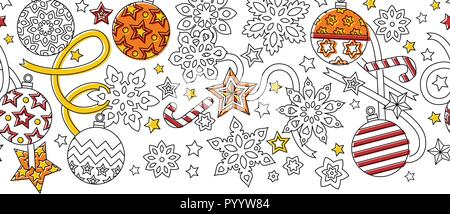 Anno nuovo disegnato a mano festosa di contorno bordo senza soluzione di continuità con i fiocchi di neve, palle di Natale e stelle isolati su sfondo bianco. Illustrazione Vettoriale