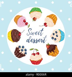 Set di vettore dolce con tortine, muffin con bacche fresche isolati su sfondo bianco. Compleanno biglietto di auguri o un modello di invito. Illustrazione Vettoriale