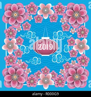 Il Capodanno cinese 2019. Lanterna cinese cinese, nuvole, susina e pesca fiori. Telaio, sfondo blu con il pattern. Illustrazione Vettoriale