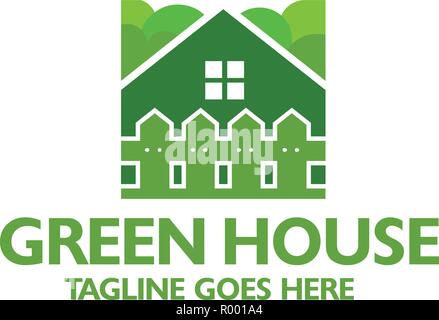 Creative green house e recinzione vettore logo Illustrazione Vettoriale