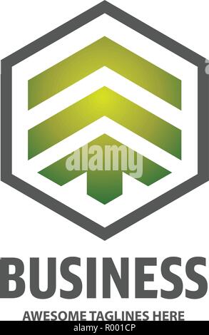 Scatola esagonale freccia, poligono astratto modello logo. logistica corriere per la consegna del servizio di trasporto logo concept design. Illustrazione Vettoriale