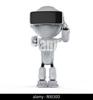 3D rendering mini robot indossare cuffie vr su sfondo bianco Foto Stock