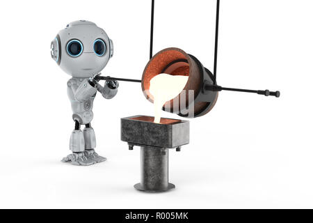 Industria automatica concetto con 3D rendering mini robot con il metallo fuso da colare nello stampo Foto Stock