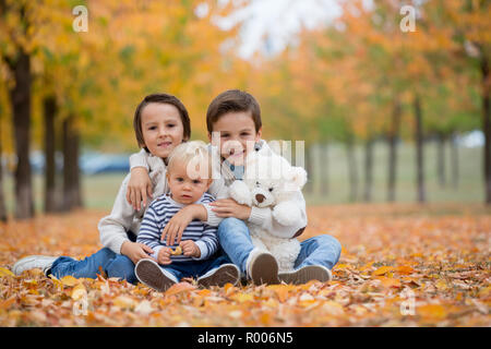 Ritratto di adorabili figli, fratelli, nell'autunno del parco,giocare insieme e holding Teddy bear toy Foto Stock