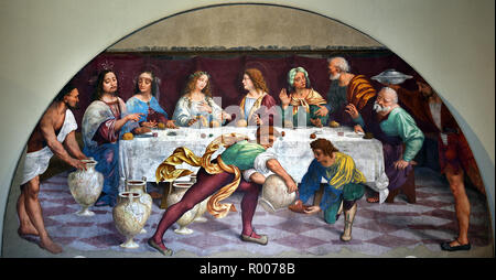 Nozze di Cana 1520 Marco d'Oggiono (1475-1530) 15-16secolo Italia, italiano . ( La trasformazione di acqua in vino alle nozze di Cana o nozze di Cana è il primo miracolo attribuito a Gesù nel Vangelo di Giovanni. ) Foto Stock