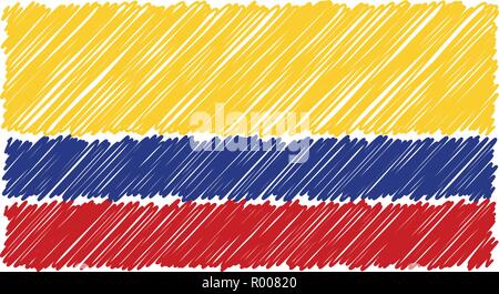 Disegnato a mano bandiera nazionale della Colombia isolata su uno sfondo bianco. Disegno vettoriale illustrazione dello stile. Illustrazione Vettoriale