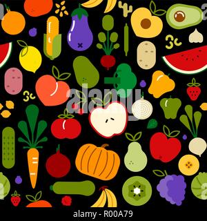 Cibo vegetariano icona modello senza cuciture con colorate piatte simboli cartoon. Mangiare sano o una nutrizione equilibrata sfondo menu. Include apple, banana Illustrazione Vettoriale