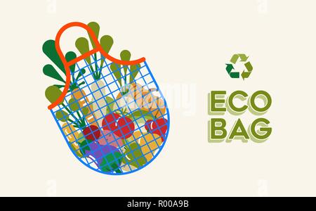 Borsa Eco illustrazione per l'ecologia e ambiente il concetto di cura con negozi di generi alimentari vegetali icone all'interno. EPS10 vettore. Illustrazione Vettoriale