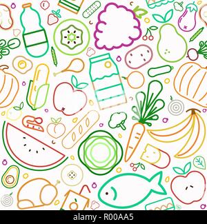 Icona alimentare seamless pattern con il colorato stile linea simboli. Mangiare sano o una nutrizione equilibrata concetto dello sfondo. Include frutta, verdura, carne Illustrazione Vettoriale