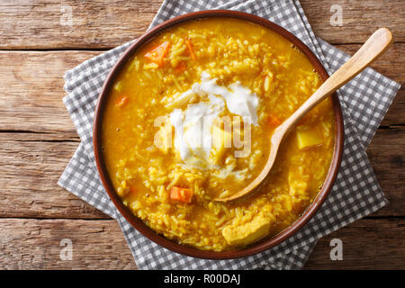 Deliziosa Tamil Mulligatawny minestra di lenticchie, riso, pollo, legumi e apple closeup in una ciotola sul tavolo. Parte superiore orizzontale vista da sopra Foto Stock