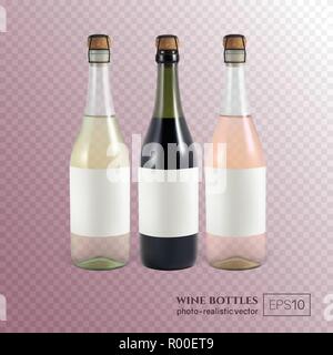 Rosso, bianco e rosa e le bottiglie di vino su sfondo trasparente. Illustrazione Vettoriale