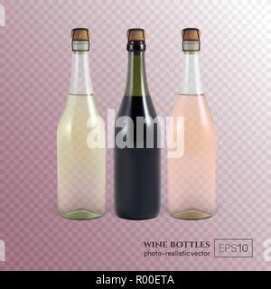Rosso, bianco e rosa e le bottiglie di vino su sfondo trasparente. Illustrazione Vettoriale