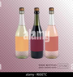 Rosso, bianco e rosa e le bottiglie di vino su sfondo trasparente. Illustrazione Vettoriale