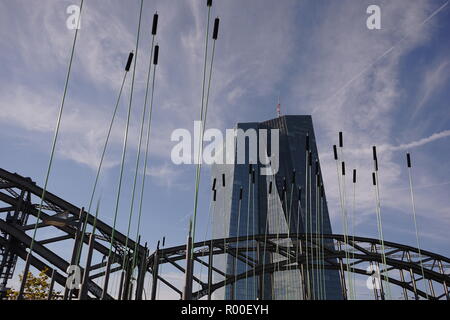 Windhalme, installazione Flußwind, Klimaroute der Stadt Frankfurt, Hafenpark, Deutschherrenbrücke, Europäischen Zentralbank, EZB, Francoforte Foto Stock