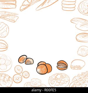Panificio icone sullo sfondo vintage. Vettore illustrazione di cibo. Illustrazione Vettoriale