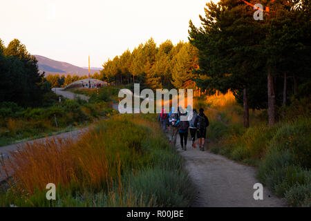 Camino de Santiago (Spagna) - Pellegrini sotto il sole a piedi lungo la strada di San Giacomo Foto Stock