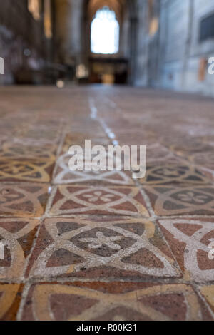 Winchester Regno Unito. Close up del medievale encausto piastrelle del pavimento nel sud dell' isola di La retrochoir presso la Cattedrale di Winchester, Hampshire. Foto Stock