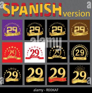 Impostare il numero di ventinove (29 anni) la celebrazione del design. Anniversario numero d'oro agli elementi del modello per la tua festa di compleanno. Tradotto dal Span Illustrazione Vettoriale