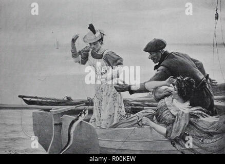 Digital riproduzione migliorata, due donne e un uomo in una barca da pesca mentre la pesca, Olanda, originale stampa da l'anno 1899 Foto Stock