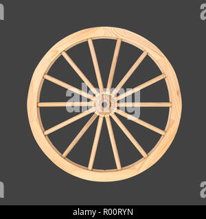 Pulire ruota di legno da un carrello utilizzato per scopi di decorazione isolata su uno sfondo grigio. Foto Stock