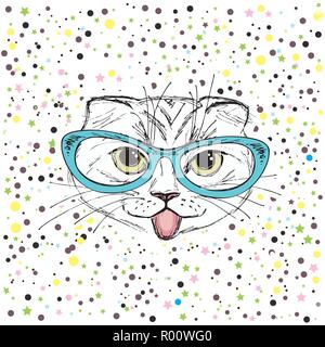 Cute cat, disegnati a mano T-shirt design o biglietto di auguri,illustrazione vettoriale. Illustrazione Vettoriale