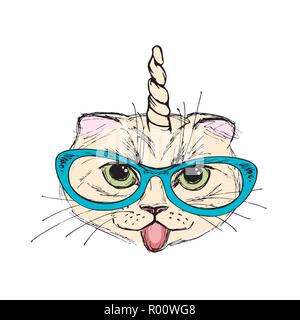 Ritratto di moda- Unicat,cute cat con tromba,isolati su sfondo bianco,disegnato a mano illustrazione vettoriale Illustrazione Vettoriale