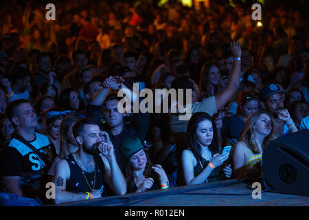 KIEV-11 luglio,2018: un gruppo di giovani per ascoltare musica su un festival estivo presso la scena. Vista dal palco sulla folla di concerto. Bazar pubblico del Festival Foto Stock