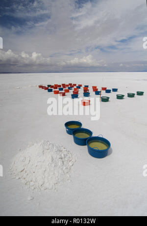 Febbraio 24, 2010 - Salar de Uyuni - Bolivia: salamoia (acqua saturata con sale ricche di deposito di litio) raccolti dai lavoratori il boliviano società mineraria statale nel Salar de Uyuni. Questo grande deserto sale detiene oltre il 50% di tutto il mondo le riserve di litio. Des travailleurs de la Compagnie nationale bolivienne pour les mines Comibol au travail dans le Salar de Uyuni, Onu immenso deserto de sel qui abrite plus de 50% des si riserva Mondiales de litio. *** La Francia / NESSUNA VENDITA A MEDIA FRANCESI *** Foto Stock