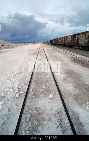 Febbraio 24, 2010 - Salar de Uyuni - Bolivia: la sola linea di ferrovie in Rio Grande, vicino il Salar de Uyuni sale campi. La Bolivia si trova ad affrontare importanti sfide di infrastruttura di miniera e litio di esportazione dal Salar de Uyuni. Questo grande deserto sale detiene oltre il 50% di tutto il mondo le riserve di litio. Foto d'onu antediluvien treno sur la seule ligne de chemin de fer qui s'approche du Salar de Uyuni, Onu immenso deserto de sel qui abrite plus de 50% des si riserva Mondiales de litio. *** La Francia / NESSUNA VENDITA A MEDIA FRANCESI *** Foto Stock