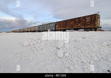 Febbraio 24, 2010 - Salar de Uyuni - Bolivia: la sola linea di ferrovie in Rio Grande, vicino il Salar de Uyuni sale campi. La Bolivia si trova ad affrontare importanti sfide di infrastruttura di miniera e litio di esportazione dal Salar de Uyuni. Questo grande deserto sale detiene oltre il 50% di tutto il mondo le riserve di litio. Foto d'onu antediluvien treno sur la seule ligne de chemin de fer qui s'approche du Salar de Uyuni, Onu immenso deserto de sel qui abrite plus de 50% des si riserva Mondiales de litio. *** La Francia / NESSUNA VENDITA A MEDIA FRANCESI *** Foto Stock