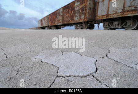 Febbraio 24, 2010 - Salar de Uyuni - Bolivia: la sola linea di ferrovie in Rio Grande, vicino il Salar de Uyuni sale campi. La Bolivia si trova ad affrontare importanti sfide di infrastruttura di miniera e litio di esportazione dal Salar de Uyuni. Questo grande deserto sale detiene oltre il 50% di tutto il mondo le riserve di litio. Foto d'onu antediluvien treno sur la seule ligne de chemin de fer qui s'approche du Salar de Uyuni, Onu immenso deserto de sel qui abrite plus de 50% des si riserva Mondiales de litio. *** La Francia / NESSUNA VENDITA A MEDIA FRANCESI *** Foto Stock
