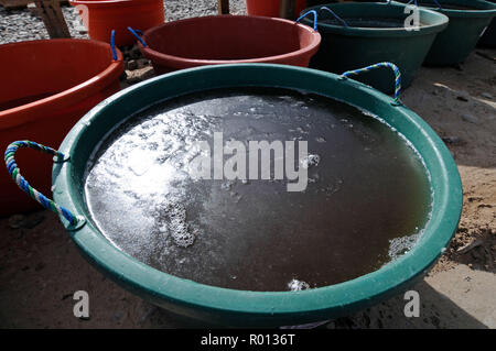 Febbraio 24, 2010 - Salar de Uyuni - Bolivia: salamoia (acqua saturata con sale ricche di deposito di litio) raccolti dai lavoratori il boliviano società mineraria statale.questo grande deserto sale detiene oltre il 50% di tutto il mondo le riserve di litio. Bassine d'eau salee collectee par les travailleurs de la Compagnie nationale bolivienne pour les mines Comibol au travail dans le Salar de Uyuni, Onu immenso deserto de sel qui abrite plus de 50% des si riserva Mondiales de litio. *** La Francia / NESSUNA VENDITA A MEDIA FRANCESI *** Foto Stock