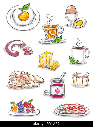 Illustrazione di diversi alimenti per la colazione da uovo, tè, caffè, salsiccia, marmellata, muffin, Bacon, bacche, il pane e la minestra Foto Stock