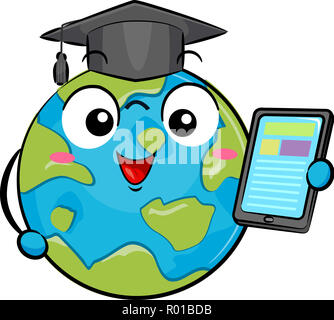 Illustrazione di una massa mascotte indossando un cappello di laurea e un computer tablet Foto Stock