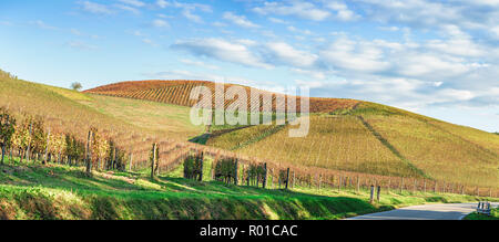 Ampio angolo di panorama fo colline delle Langhe in autunno, patrimonio UNESCO in Italia settentrionale Foto Stock