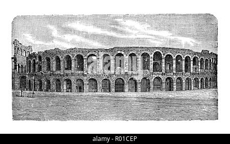 Vintage di incisione il ben conservato Verona Arena, anfiteatro romano costruito di pietra calcarea con una eccezionale acustica nel primo secolo per 30.000 spettatori Foto Stock