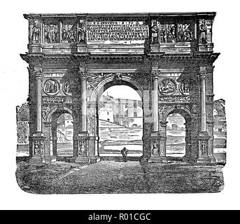 Vintage incisione di Arco di Costantino a Roma, Italia, dedicato nel 315 DC per l'imperatore Costantino I.Ha tre arcate e al di sopra di un attico in marmo. Foto Stock
