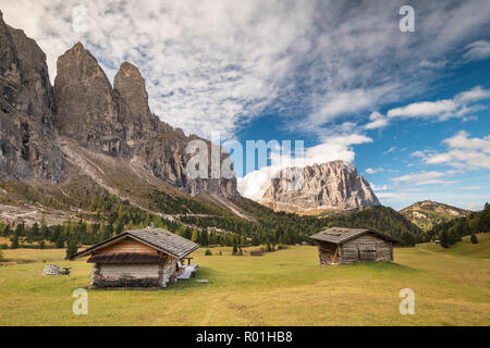 Capanne a Grödner Joch, Sassolungo sul retro, Passo Gardena, Val Gardena, Dolomiti, Alto Adige, Italia Foto Stock