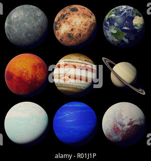 I pianeti del sistema solare isolato su sfondo nero Foto Stock