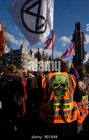 Londra, Regno Unito. Il 31 ottobre, 2018. Clima manifestanti estinzione della ribellione si riuniscono in piazza del Parlamento per la loro dichiarazione di ribellione' Credit: Londonphotos/Alamy Live News Foto Stock