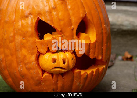 Preston, Lancashire, Regno Unito. Il 31 ottobre, 2018. Zucca di Halloween, Chipping, Preston, Lancashire. Credito: John Eveson/Alamy Live News Foto Stock